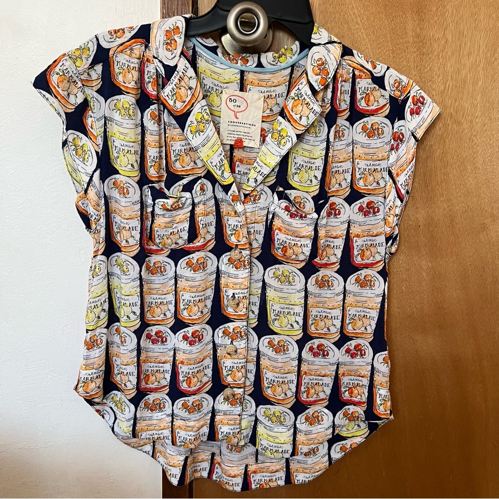 Anthropologie blouse jam jars print